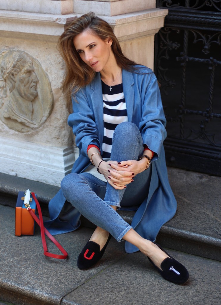 Alexandra Lapp wearing Steffen Schraut, AG Jeans, Stubbs and Wootton, Mark Cross, Thom Browne