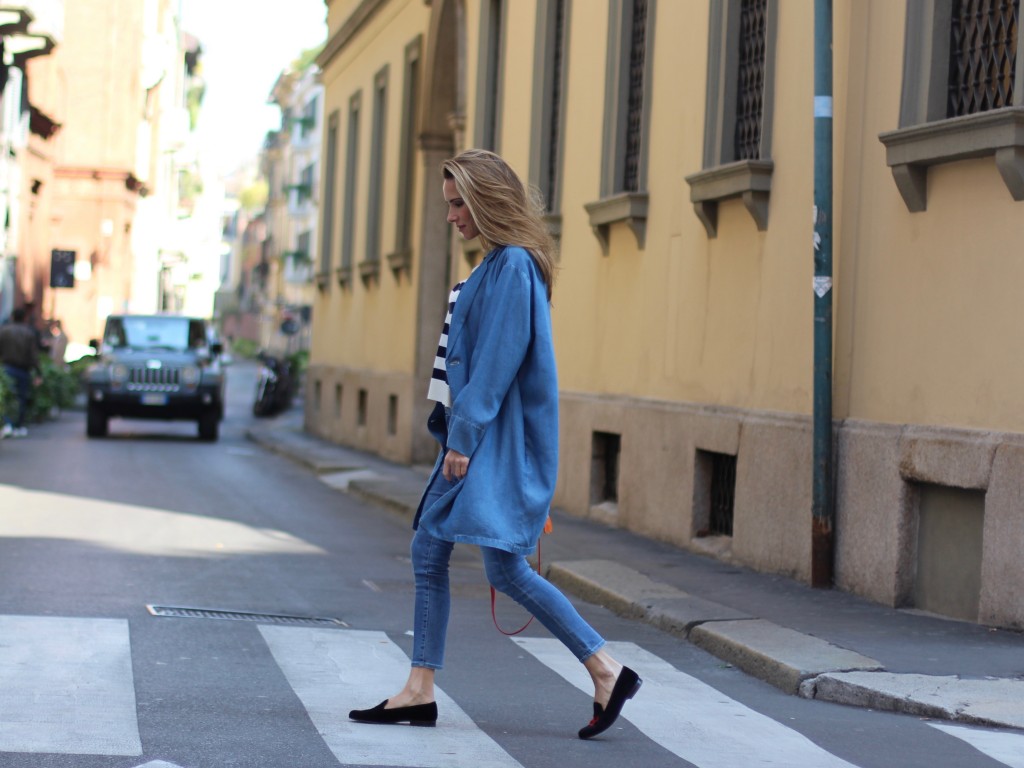 Alexandra Lapp wearing Steffen Schraut, AG Jeans, Stubbs and Wootton, Mark Cross, Thom Browne