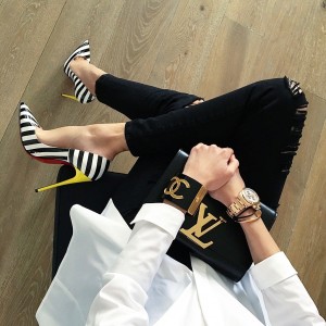 Alexandra Lapp wearing Steffen Schraut, Frame Denim, Christian Louboutin, Louis Vuitton, Chanel