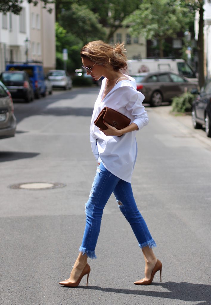 Alexandra Lapp wearing a white shirt from Steffen Schraut, Zara, Christian Louboutin, Chanel, Chanel vintage, BCBG, Chrome Hearts