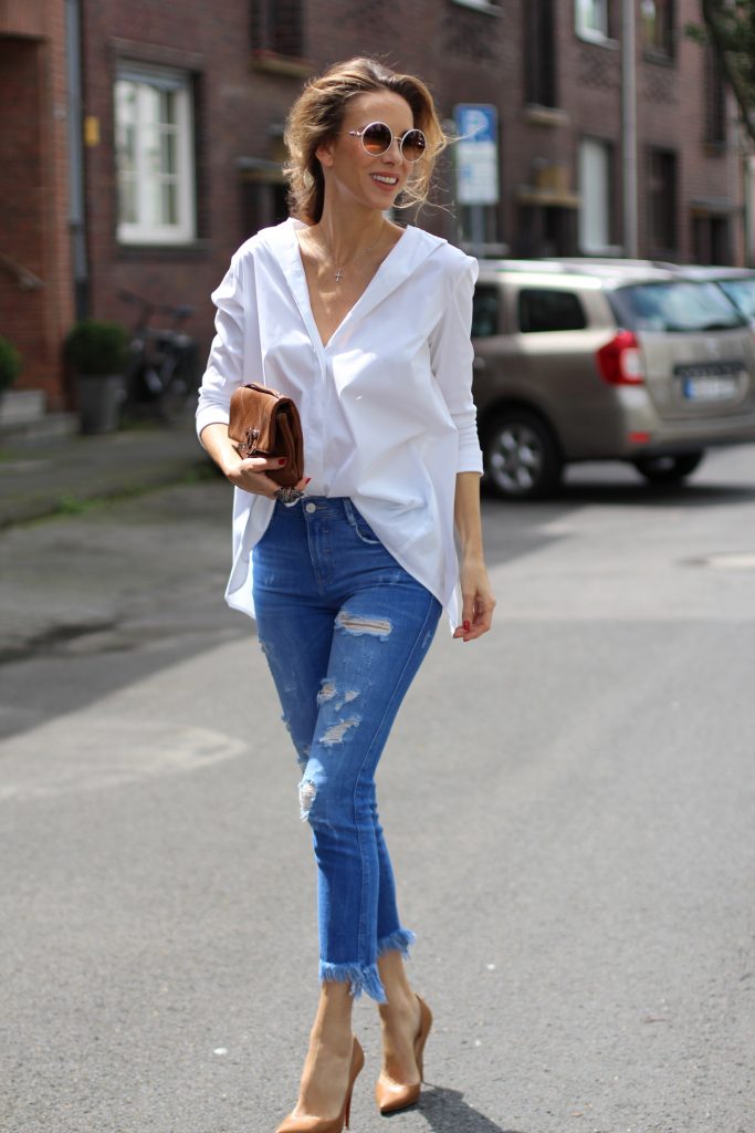 Alexandra Lapp wearing a white shirt from Steffen Schraut, Zara, Christian Louboutin, Chanel, Chanel vintage, BCBG, Chrome Hearts