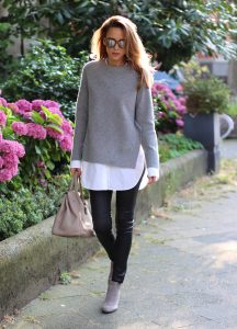 Alexandra Lapp wearing shades of grey, SET leather pants, Steffen Schraut cape and knitwear, Celine oversize shirt, Ash boots, Le Specs sunglasses and Hermès Birkin bag.