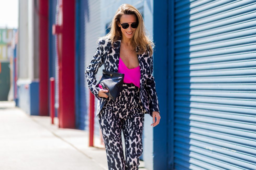 NEW YORK, NY - SEPTEMBER 14: German Fashion Blogger and Model Alexandra Lapp (@alexandralapp_) wearing a Tom Ford suit with animal print, Jadicted pink top, Prada clutch, Dior sunglasses and Gianvito Rossi heels outside Delpozo on September 14, 2016 in New York City. (Photo by Christian Vierig/Getty Images) *** Local Caption *** Alexandra Lapp