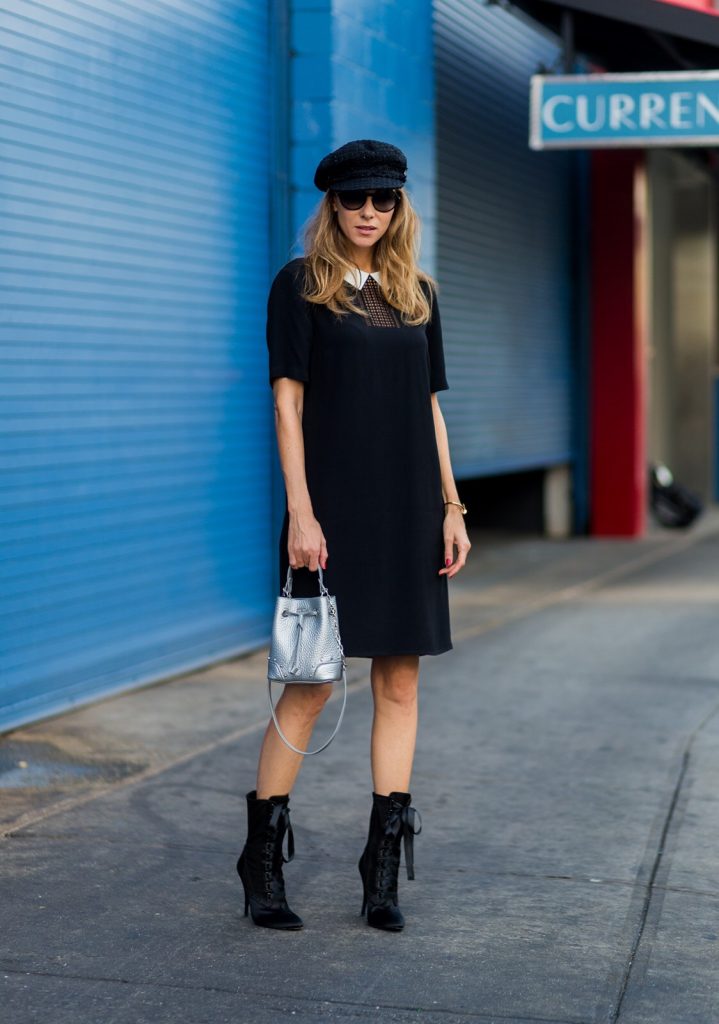 NEW YORK, NY - SEPTEMBER 10: Alexandra Lapp (@alexandralapp_) wearing a black collar dress by SET, Balmain boots, Chanel hat, Furla bag, Chanel sunglasses outside Dion Lee on September 9, 2016 in New York City. (Photo by Christian Vierig/Getty Images) *** Local Caption *** Alexandra Lapp