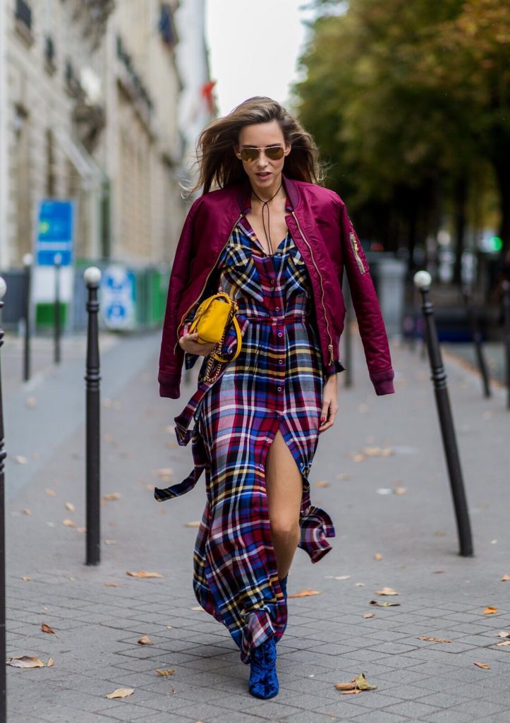 PARIS - OCTOBER 3: German fashion blogger and model Alexandra Lapp (@alexandralapp_) wearing a shirt dress from L'Agence, Schott NYC bomber jacket, Phillip Lim boots, Gucci bag and Ray Ban sunglasses on October 3, 2016 in Paris during PFW. (Photo by Christian Vierig/Getty Images) *** Local Caption *** Alexandra Lapp