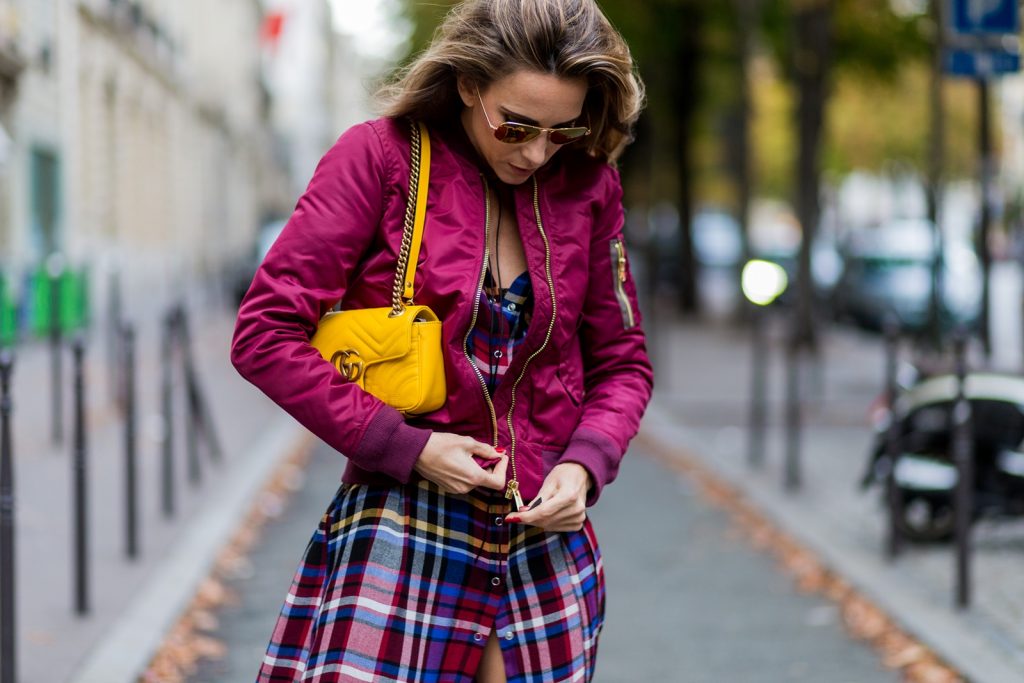 PARIS - OCTOBER 3: German fashion blogger and model Alexandra Lapp (@alexandralapp_) wearing a shirt dress from L'Agence, Schott NYC bomber jacket, Phillip Lim boots, Gucci bag and Ray Ban sunglasses on October 3, 2016 in Paris during PFW. (Photo by Christian Vierig/Getty Images) *** Local Caption *** Alexandra Lapp