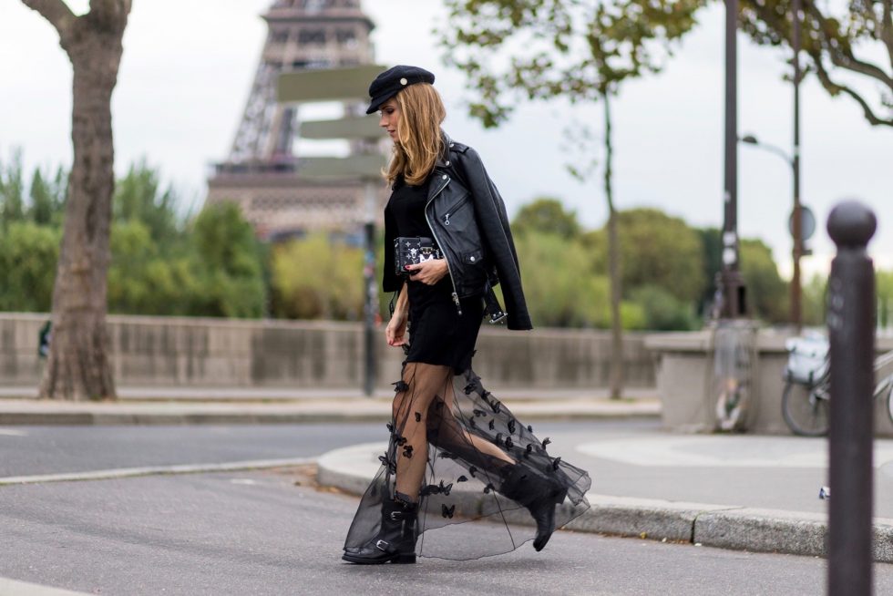 PARIS, FRANCE - OCTOBER 02: German fashion blogger and model Alexandra Lapp (@alexandralapp_) wearing Biker Couture, a black dress from Patrizia Pepe, biker leather jacket from Schott NYC, biker boots from Gucci, Chanel hat and Louis Vuitton Petite Malle clutch on October 2, 2016 in Paris, France. (Photo by Christian Vierig/Getty Images) *** Local Caption *** Alexandra Lapp