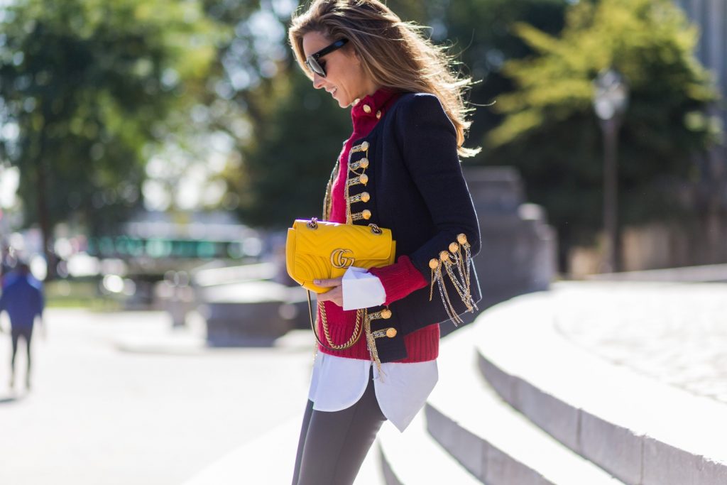 PARIS, FRANCE - OCTOBER 02: German fashion blogger and model Alexandra Lapp (@alexandralapp_) wearing a band jacket and turtleneck from Balmain, leather pants from SET, Shirt and sunglasses from Celine, Christian Louboutin pumps and a yellow Gucci bag on October 4, 2016 in Paris, France. (Photo by Christian Vierig/Getty Images) *** Local Caption *** Alexandra Lapp