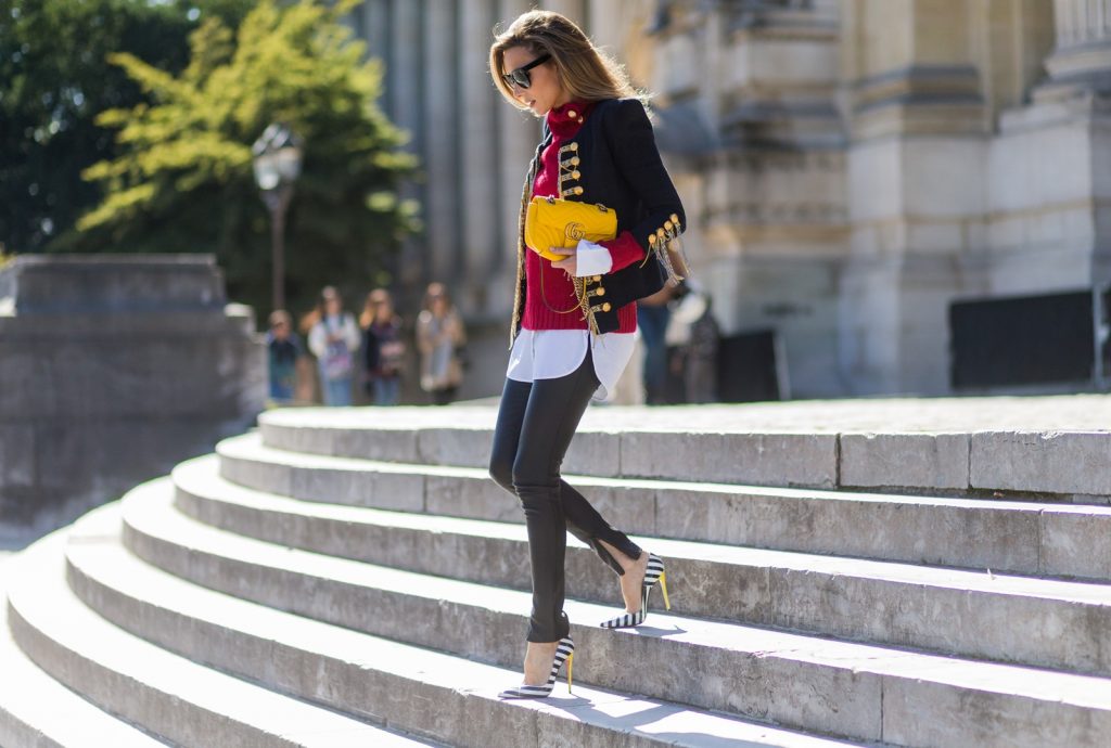 PARIS, FRANCE - OCTOBER 02: German fashion blogger and model Alexandra Lapp (@alexandralapp_) wearing a band jacket and turtleneck from Balmain, leather pants from SET, Shirt and sunglasses from Celine, Christian Louboutin pumps and a yellow Gucci bag on October 4, 2016 in Paris, France. (Photo by Christian Vierig/Getty Images) *** Local Caption *** Alexandra Lapp