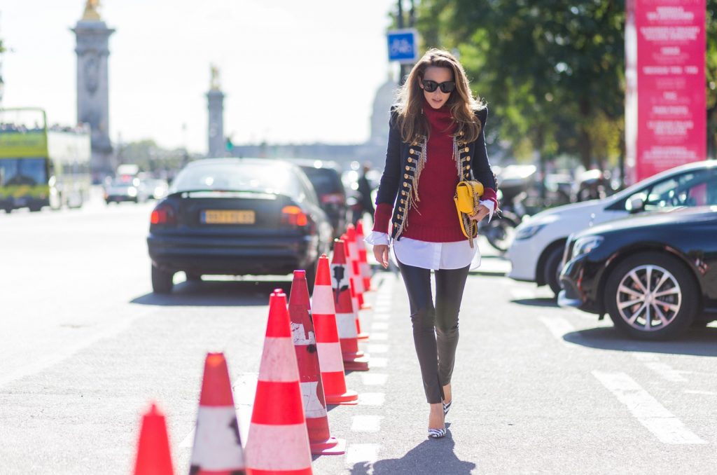 PARIS, FRANCE - OCTOBER 02: German fashion blogger and model Alexandra Lapp (@alexandralapp_) wearing a band jacket and turtleneck from Balmain, leather pants from SET, Shirt and sunglasses from Celine, Christian Louboutin pumps and a yellow Gucci bag on October 4, 2016 in Paris, France. (Photo by Christian Vierig/Getty Images) *** Local Caption *** Alexandra Lapp