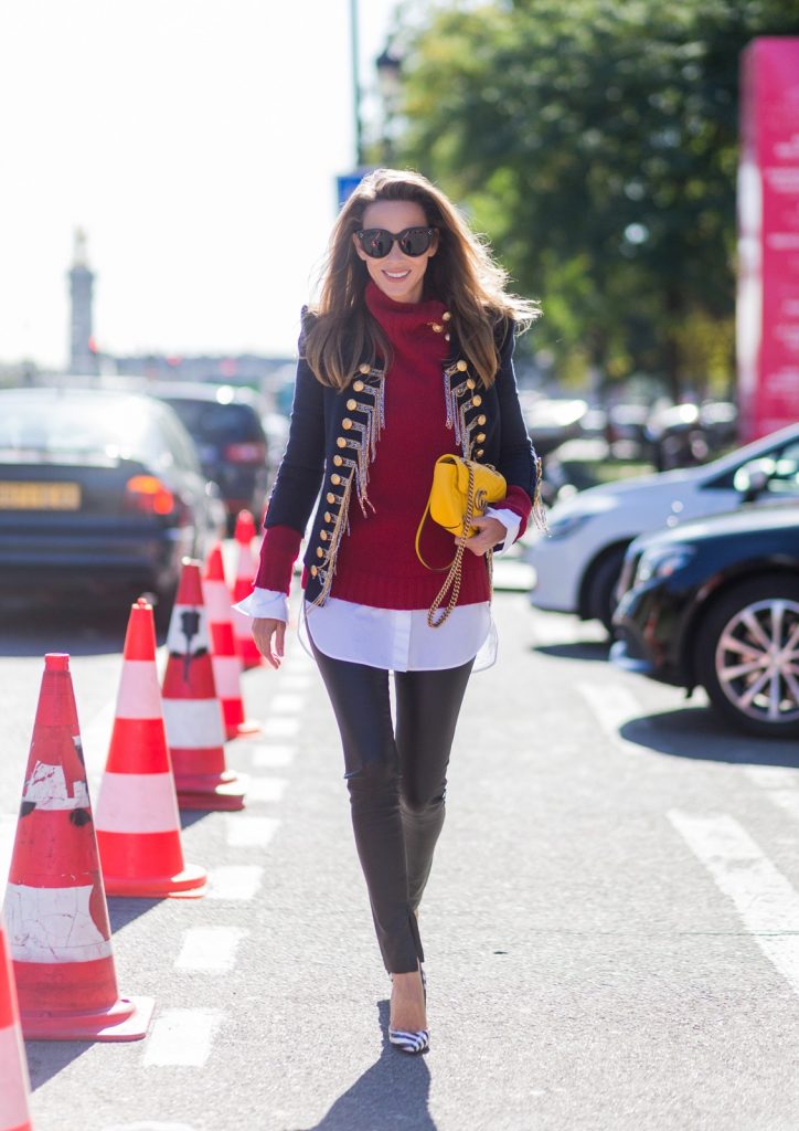 PARIS, FRANCE - OCTOBER 02: German fashion blogger and model Alexandra Lapp (@alexandralapp_) wearing a band jacket and turtleneck from Balmain, leather pants from SET, Shirt and sunglasses from Celine, Christian Louboutin pumps and a yellow Gucci bag on October 4, 2016 in Paris, France. (Photo by Christian Vierig/Getty Images) *** Local Caption *** Alexandra Lapp