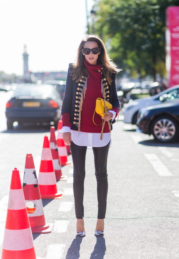 PARIS, FRANCE - OCTOBER 02: German fashion blogger and model Alexandra Lapp (@alexandralapp_) wearing a band jacket and turtleneck from Balmain, leather pants from SET, Shirt and sunglasses from Celine, Christian Louboutin pumps and a yellow Gucci bag on October 4, 2016 in Paris, France. (Photo by Christian Vierig/Getty Images) *** Local Caption *** Alexandra Lapp