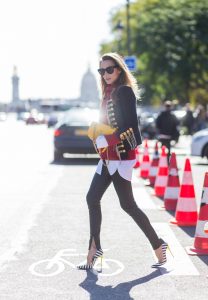 PARIS, FRANCE - OCTOBER 02: German fashion blogger and model Alexandra Lapp (@alexandralapp_) wearing a band jacket and turtleneck from Balmain, leather pants from SET, Shirt and sunglasses from Celine, Christian Louboutin pumps and a yellow Gucci bag on October 4, 2016 in Paris, France. (Photo by Christian Vierig/Getty Images) *** Local Caption *** Alexandra Lapp