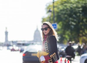 PARIS, FRANCE - OCTOBER 02: German fashion blogger and model Alexandra Lapp (@alexandralapp_) wearing a band jacket and turtleneck from Balmain, leather pants from SET, Shirt and sunglasses from Celine, Christian Louboutin pumps and a yellow Gucci bag on October 4, 2016 in Paris, France. (Photo by Christian Vierig/Getty Images) *** Local Caption *** Alexandra Lapp