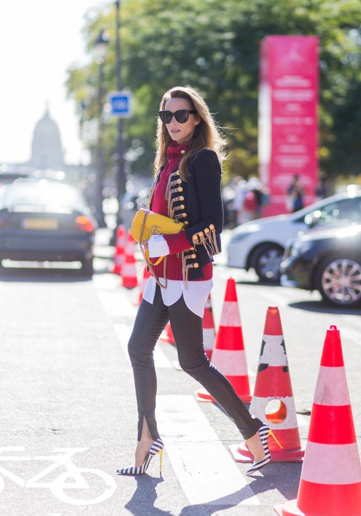 PARIS, FRANCE - OCTOBER 02: German fashion blogger and model Alexandra Lapp (@alexandralapp_) wearing a band jacket and turtleneck from Balmain, leather pants from SET, Shirt and sunglasses from Celine, Christian Louboutin pumps and a yellow Gucci bag on October 4, 2016 in Paris, France. (Photo by Christian Vierig/Getty Images) *** Local Caption *** Alexandra Lapp