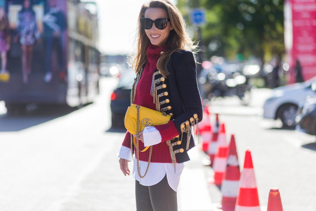 PARIS, FRANCE - OCTOBER 02: German fashion blogger and model Alexandra Lapp (@alexandralapp_) wearing a band jacket and turtleneck from Balmain, leather pants from SET, Shirt and sunglasses from Celine, Christian Louboutin pumps and a yellow Gucci bag on October 4, 2016 in Paris, France. (Photo by Christian Vierig/Getty Images) *** Local Caption *** Alexandra Lapp