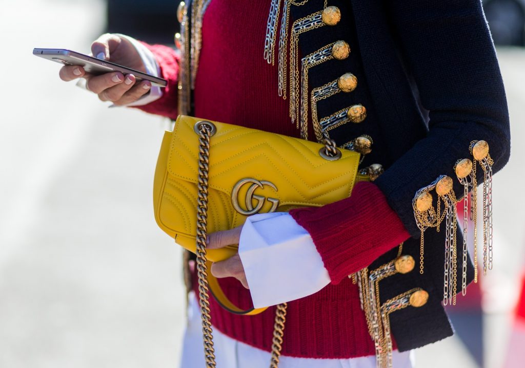 PARIS, FRANCE - OCTOBER 02: German fashion blogger and model Alexandra Lapp (@alexandralapp_) wearing a band jacket and turtleneck from Balmain, leather pants from SET, Shirt and sunglasses from Celine, Christian Louboutin pumps and a yellow Gucci bag on October 4, 2016 in Paris, France. (Photo by Christian Vierig/Getty Images) *** Local Caption *** Alexandra Lapp