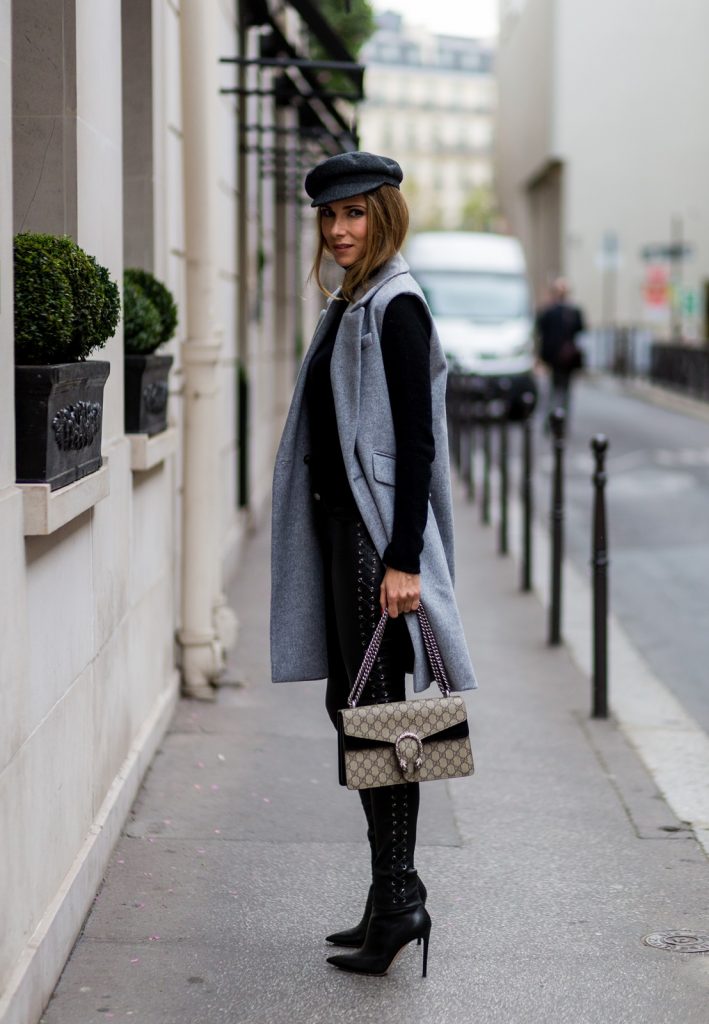 PARIS, FRANCE - SEPTEMBER 30: German fashion blogger and model Alexandra Lapp (@alexandralapp_) wearing black leather pants and grey vest from SET, shoes from Gianvito Rossi , Gucci bag, and Isabel Marant hat on September 30, 2016 in Paris, France. (Photo by Christian Vierig/Getty Images) *** Local Caption *** Alexandra Lapp