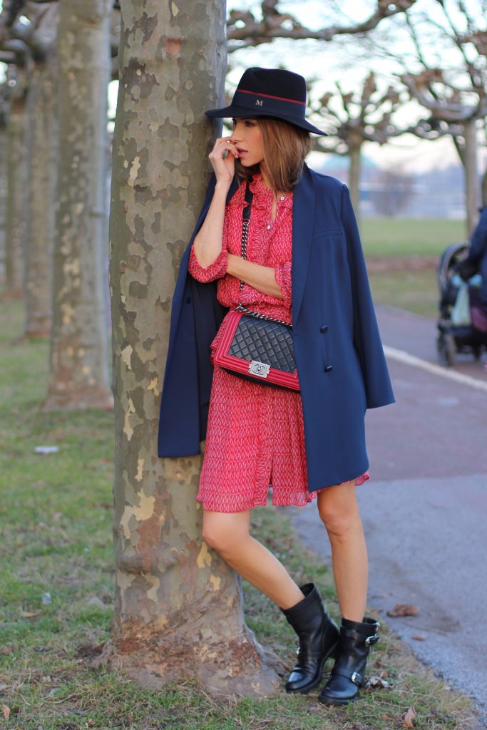 DÜSSELDORF, GERMANY - FEBRUARY 19: German fashion blogger and model Alexandra Lapp is wearing a flounce dress in red from Steffen Schraut, a midnight blue blazer by Steffen Schraut, Maison Michel Virginie rabbit-felt fedora hat in black with a grosgrain ribbon in dark blue with red, that is adorned with the label's logo in the form of a glossy black charm, a boy bag in black and red calfskin and vintage biker boots by Gucci on February 19, 2017 Düsseldorf, Germany. *** Local Caption *** Alexandra Lapp