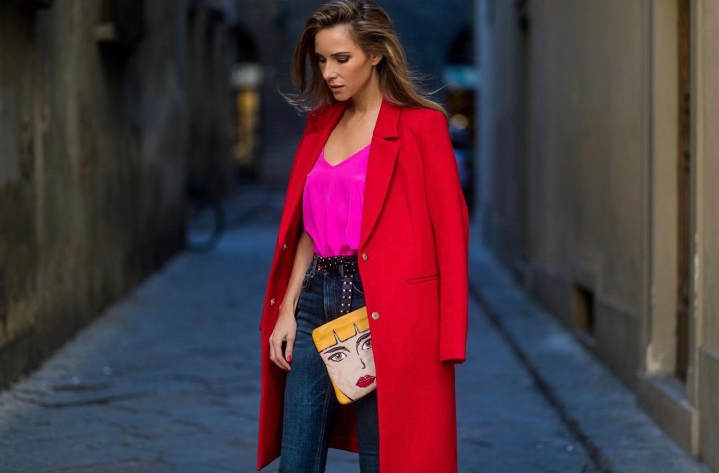 FLORENCE, ITALY - JANUARY 11: German fashion blogger and model Alexandra Lapp is wearing red blazer coat from Oui Fashion, pink silk top from Jadicted, high waist jeans/denim from Rag & Bone, red metallic pumps from Gianvito Rossi, Prada clutch, leather belt from SET on January 11, 2017 in Florence, Italy. (Photo by Christian Vierig/Getty Images) *** Local Caption *** Alexandra Lapp