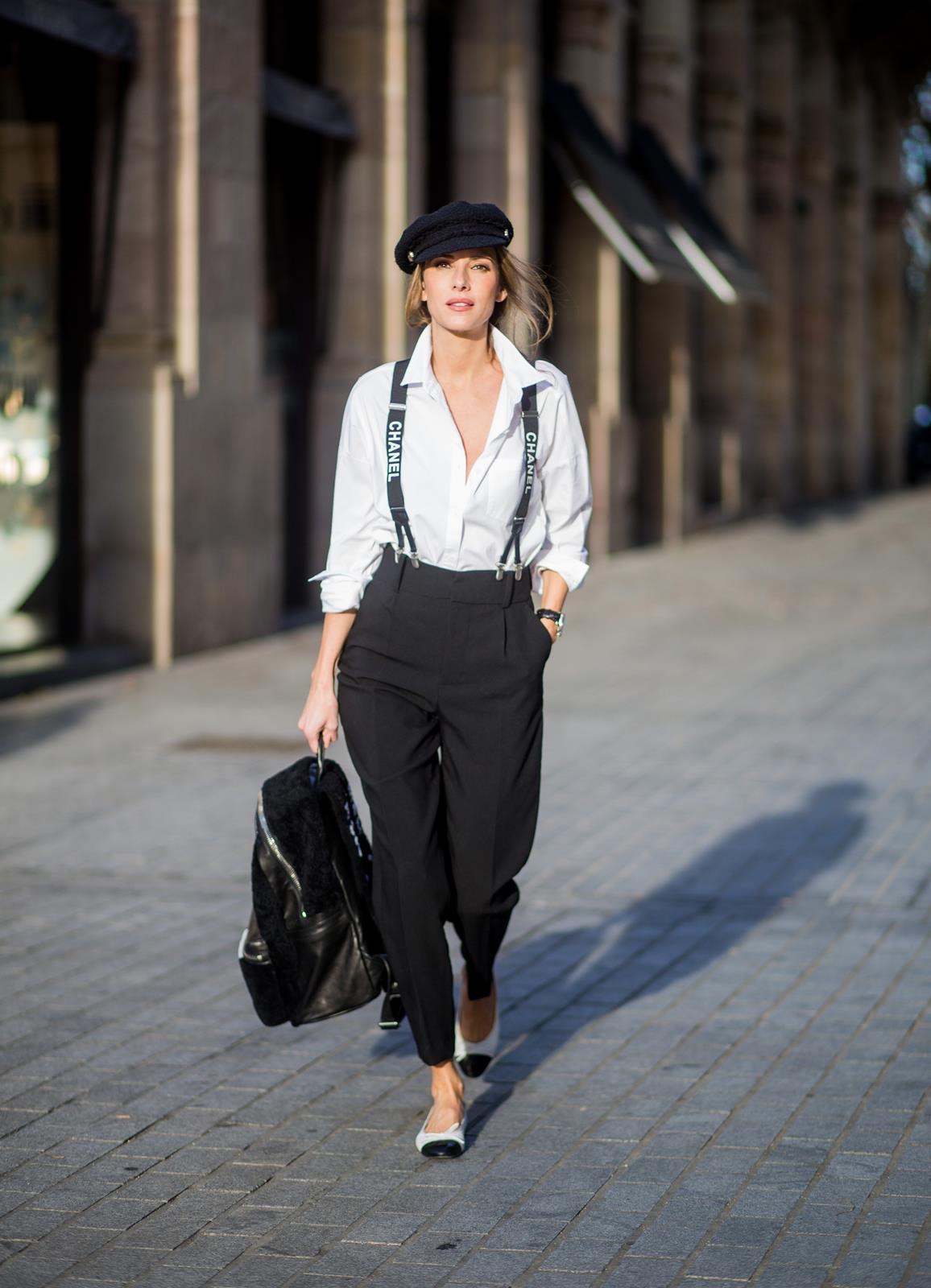 Black pants with Chanel suspenders  Suspenders fashion, Suspenders outfit,  Suspenders for women