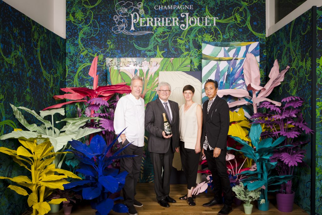 Bobby Bräuer, Herve Deschamps, Luftwerk with Sonja Herpich and Blogger and Model Alexandra Lapp attending the Perrier-Jouët event in Munich where the famous Champagne house transformed Munich into an urban jungle, all under the motto “Art of the Wild”. 