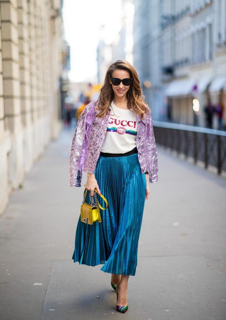 Alexandra Lapp in a Metallic Fashion look, wearing the crinkled Alby laminated jacket from Sies Marjan, a pleated metallic skirt from ROQA in turquoise, a white logo print Gucci t-shirt, Chanel Boy bag in gold, Audrey sunglasses from Celine during Paris Fashion Week Womenswear Fall/Winter 2019/2020 on February 25, 2019 in Paris, France. (Photo by Christian Vierig/Getty Images)