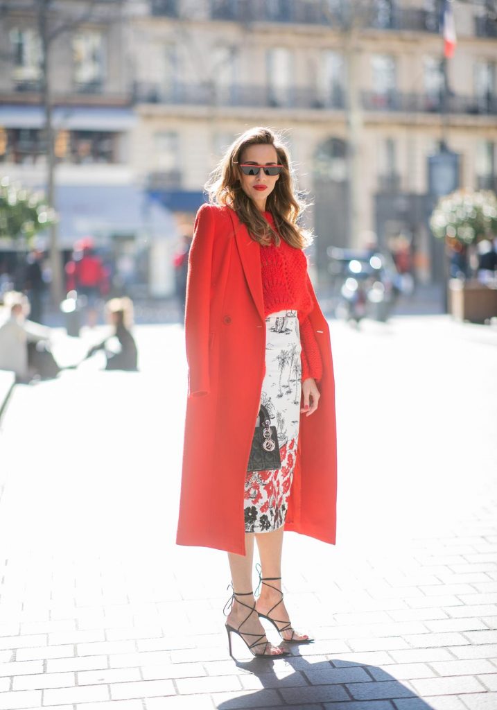 Alexandra Lapp in a Printed Skirt look, wearing a fitted two button coat in bright red from Givenchy, with a NO.21 sequined twill pencil skirt with a Palm-print, a red wool loose knit sweater from Ganni - all from Breuninger, black sandals from Gianvito Rossi, Prada cat-eye shaped sunglasses with red details and the Lady Dior mini bag during Paris Fashion Week Womenswear Fall/Winter 2019/2020 on February 26, 2019 in Paris, France. (Photo by Christian Vierig/Getty Images)