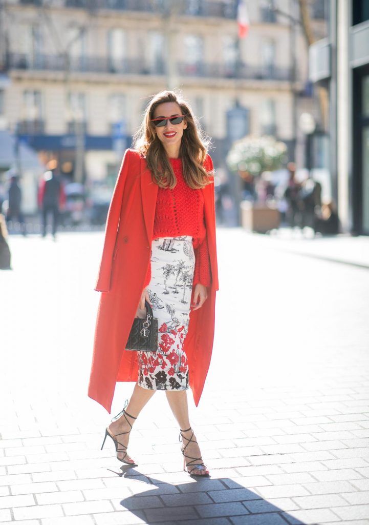Alexandra Lapp in a Printed Skirt look, wearing a fitted two button coat in bright red from Givenchy, with a NO.21 sequined twill pencil skirt with a Palm-print, a red wool loose knit sweater from Ganni - all from Breuninger, black sandals from Gianvito Rossi, Prada cat-eye shaped sunglasses with red details and the Lady Dior mini bag during Paris Fashion Week Womenswear Fall/Winter 2019/2020 on February 26, 2019 in Paris, France. (Photo by Christian Vierig/Getty Images)