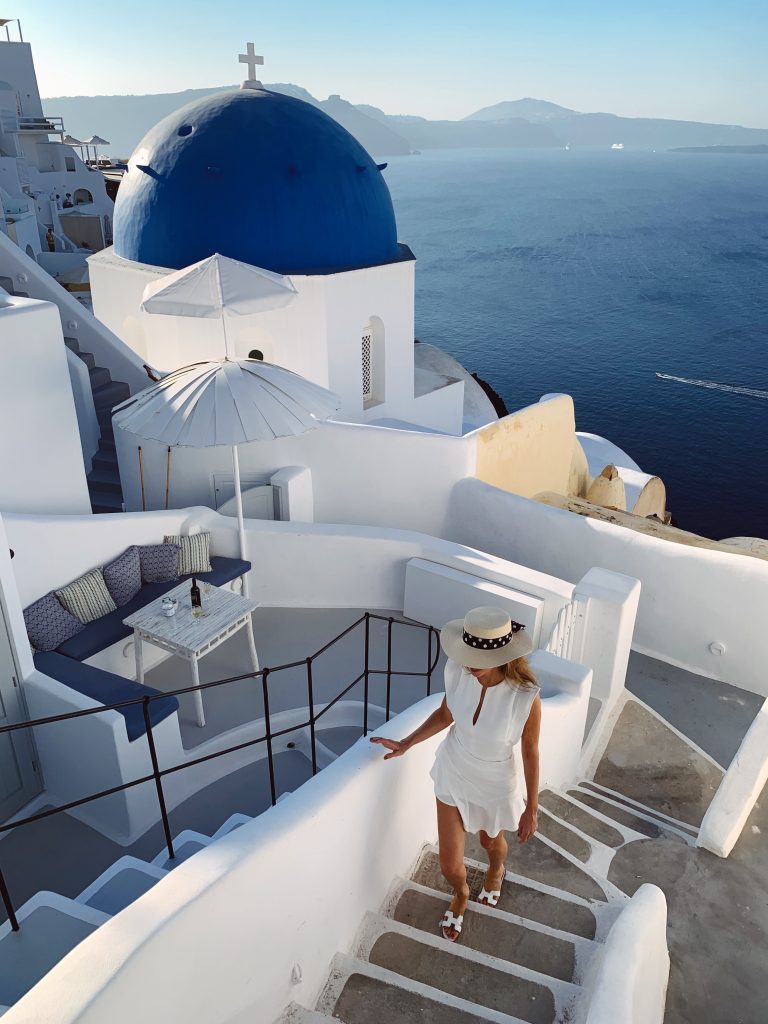 Alexandra Lapp in a Santorini Look is seen on vacation on the Greek Islands