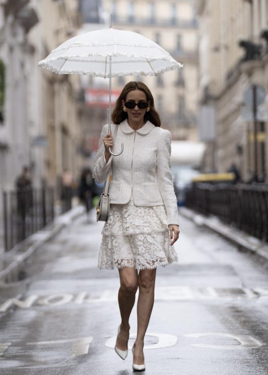 Alexandra Lapp is seen wearing her favorite blazer shapes during Paris Fashion Week.