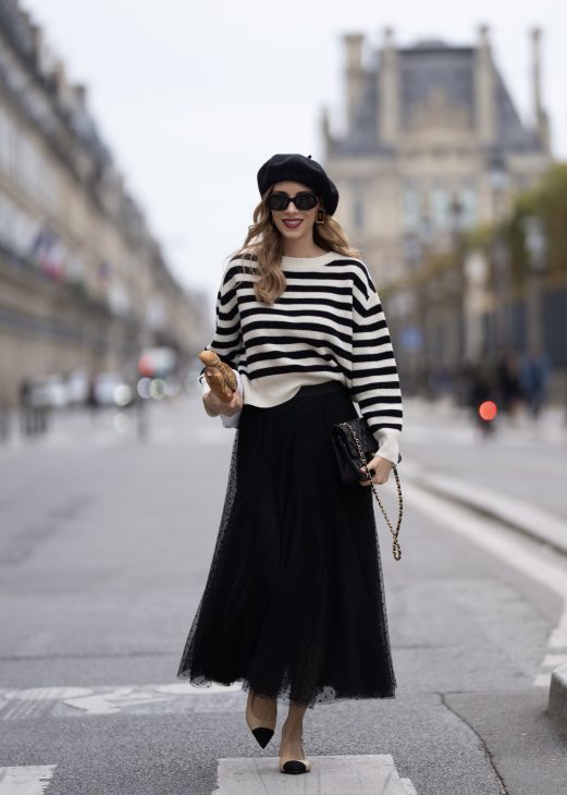 Alexandra Lapp x Seidensticker, Alexandra Lapp, Seidensticker, Chanel, Paris, Hermès, Christian Dior, Celine, Louboutin, France, Fashion Week, PFW, off-white, black, black and white, Skirt, Blouse, Marlene Pants, Blazer, Cardigan, Knitwear Alexandra Lapp is seen wearing pieces of the fourth drop of the Alexandra Lapp x Seidensticker collection in Paris.