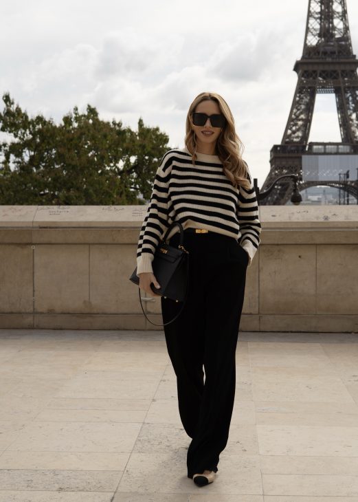 Alexandra Lapp x Seidensticker, Alexandra Lapp, Seidensticker, Chanel, Paris, Hermès, Christian Dior, Celine, Louboutin, France, Fashion Week, PFW, off-white, black, black and white, Skirt, Blouse, Marlene Pants, Blazer, Cardigan, Knitwear Alexandra Lapp is seen wearing pieces of the fourth drop of the Alexandra Lapp x Seidensticker collection in Paris.