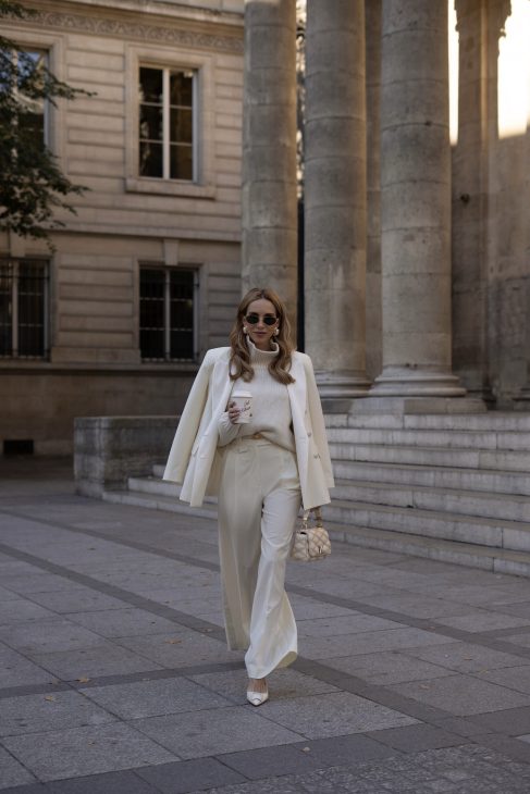 Alexandra Lapp is seen wearing her tucedo tailoring collection Alexandra Lapp x Seidenstecker in Paris.