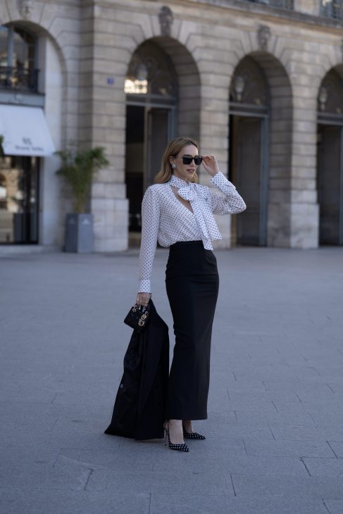 Alexandra Lapp is seen wearing her tucedo tailoring collection Alexandra Lapp x Seidenstecker in Paris.