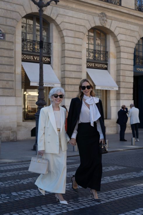 Alexandra Lapp is seen wearing her tucedo tailoring collection Alexandra Lapp x Seidenstecker in Paris.