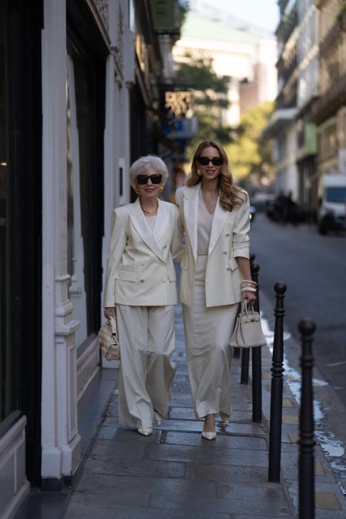 Alexandra Lapp is seen wearing her tucedo tailoring collection Alexandra Lapp x Seidenstecker in Paris.