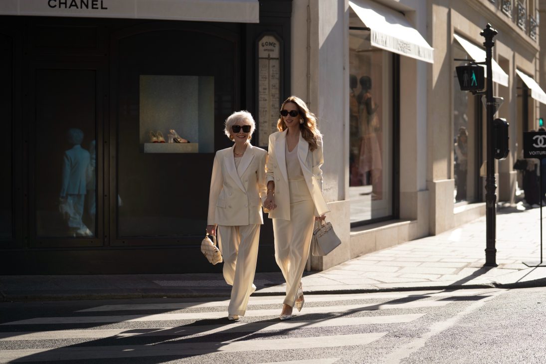Alexandra Lapp is seen wearing her tucedo tailoring collection Alexandra Lapp x Seidenstecker in Paris.