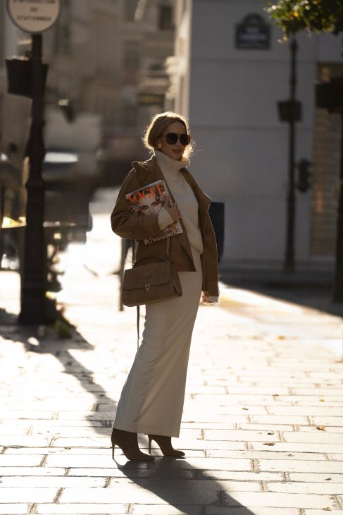 Alexandra Lapp is seen wearing her tucedo tailoring collection Alexandra Lapp x Seidenstecker in Paris.