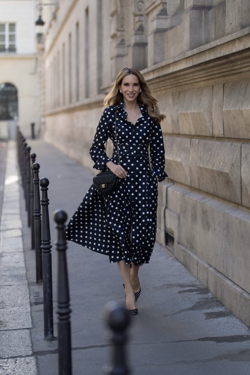Alexandra Lapp is seen wearing her tucedo tailoring collection Alexandra Lapp x Seidenstecker in Paris.