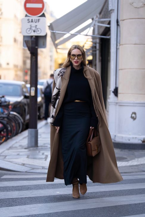 Alexandra Lapp is seen wearing her tucedo tailoring collection Alexandra Lapp x Seidenstecker in Paris.